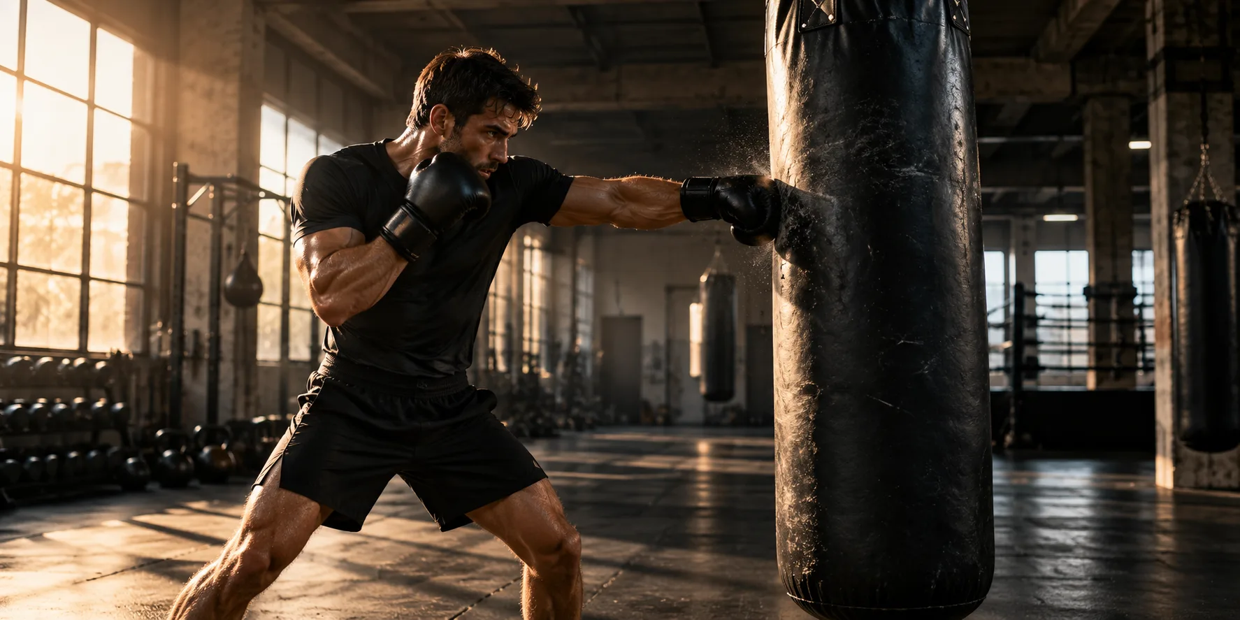 Illustratieve kickbokser die op een bokszak traint; niet gefotografeerd bij Next Generation Gym