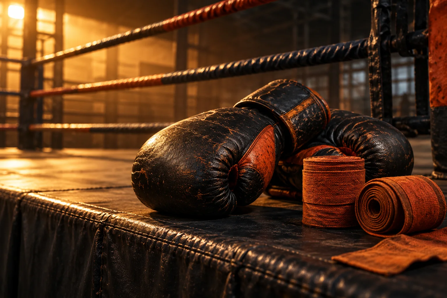 Illustratieve bokshandschoenen en wraps bij een ring, niet de echte gym